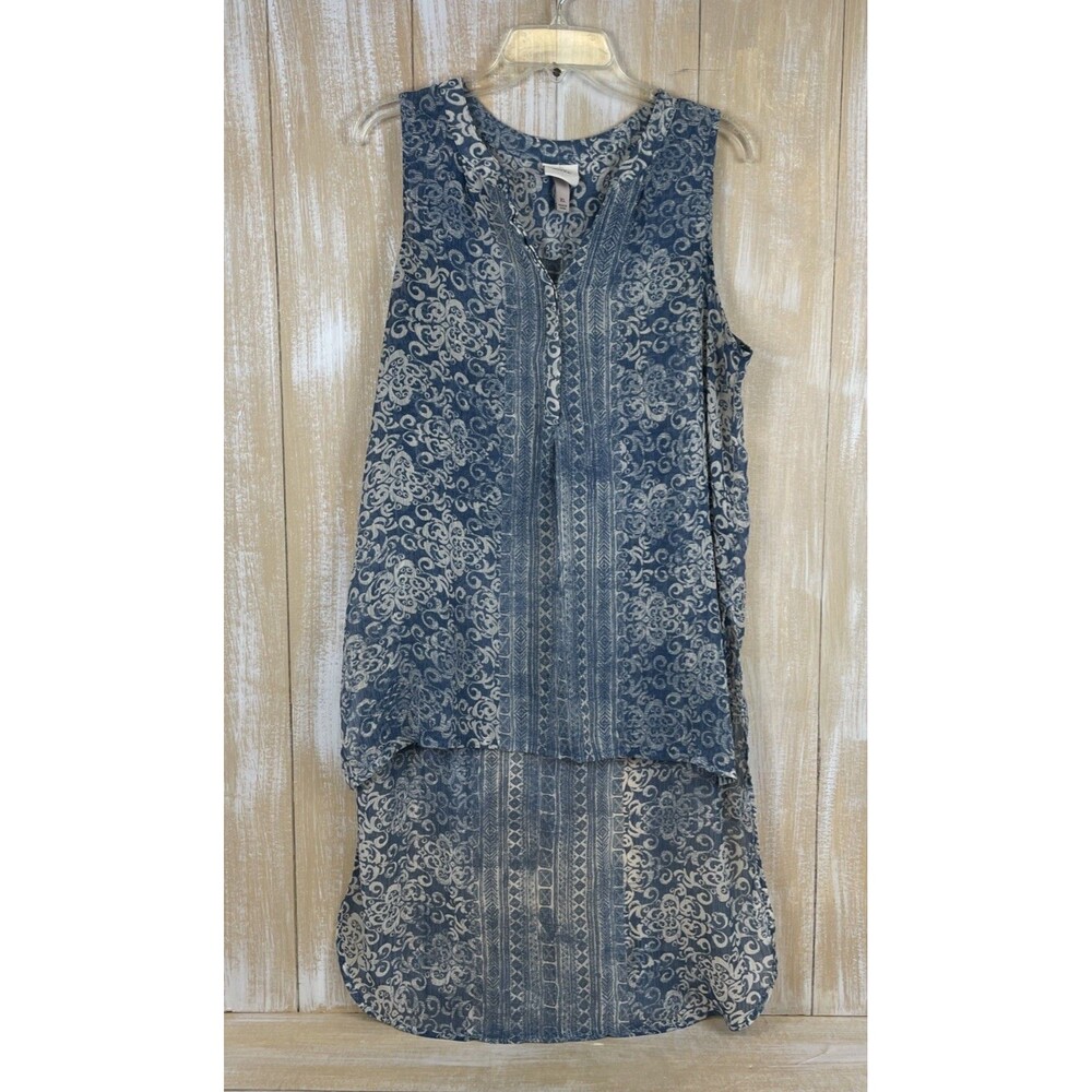 Knox Rose Women's Sheer Tunic Gauzy Blouse Sz XL High-Lo Hem Blue & White